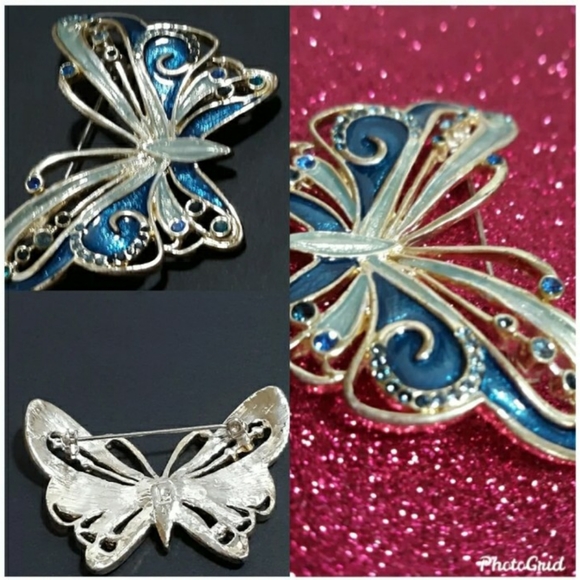 Blue Silverstone Butterfly Womens Pendant Brooch Jewelry pin - Picture 2 of 8
